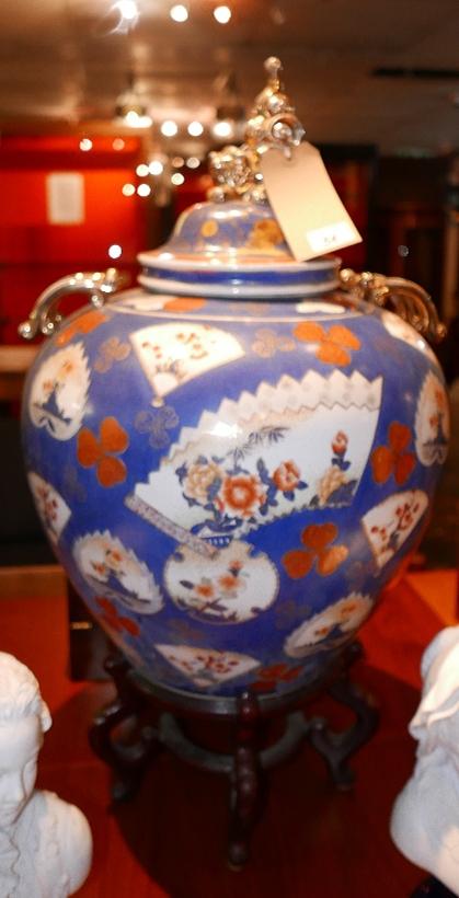 A large Japanese blue glazed and enamelled lidded vase on stand, with gilt metal mounts, H.70cm - Image 2 of 2