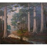 A 20th Century acrylic on canvas of a woodland scene, signed lower right, H.85cm W.96cm