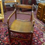 A 19th century fruitwood open armchair, with rope twist back and square stretchered supports