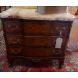 A 19th century French marble top walnut commode, with parquetry inlay, having three drawers,