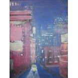 A large oil on canvas, Modernist cityscape at night in a distressed painted frame, 90 x 70cm