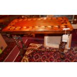 A Victorian marquetry inlaid walnut occasional table , with bobbin supports, H.71 W.88 D.41cm