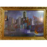 A cubist oil on board, cityscape, in gilt frame, 60x90cm