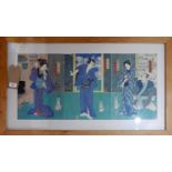 Kunisada II (1823-1880), a Japanese triptych woodblock print Yakusha-E series, 34x71cm