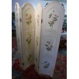 A Continental style cream painted four fold screen with floral painted panels, H.180cm