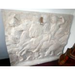 A Elgin marble inspired plaster cast plaque depicting classical figures and horses, H.102cm W.123cm