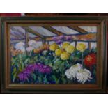 Tony Montague (Contemporary British), a study of flowers in a greenhouse, oil on canvas, signed,