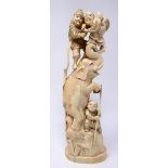 A late 19th century Japanese ivory carving depicting an elephant and three hunting gentlemen, H.16.5