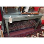 A 1950's industrial Travaux & Metallurgie, Bruxelles, table, with single drawer and square supports,