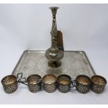 A collection of Iranian silverware to include a tray, rose water sprinkler, fruit bowl, sugar