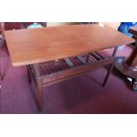 A 20th century Danish teak metamorphic draw leaf dining table/coffee table, stamped Denmark, H.71