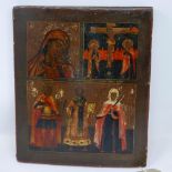A Russian icon in three registers, depicting the Mother of God of Korsun, the Crucifixion of Christ,