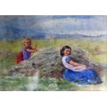 In the manner of Birket Foster, two girls in a field, watercolour, bears monogram to lower left,