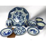 A collection of 18th century Chinese blue and white porcelain to include 1 plate, 11 dishes, 11 cups