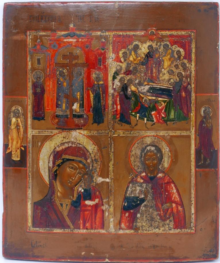 A Russian icon in four registers depicting the Mother of God of Kazan, the Dormition of the Mother