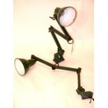 A pair of mid century green painted industrial machinist adjustable lamps, by EDL Lighting ltd.,