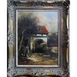 20th century Dutch school, a wagon travelling through a gatehouse, oil on canvas, indistinctly