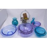 A collection of art glass items, some signed