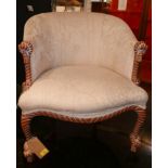 A French tub armchair with floral damask upholstery and carved rope twist supports, H.77cm W.65cm