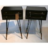 A pair of atomic style metal side cabinets with two drawers raised on hairpin supports, H.69cm W.