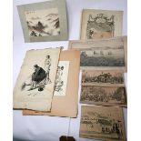 A collection of prints, engravings and paintings, to include a monochromatic pen and ink study of