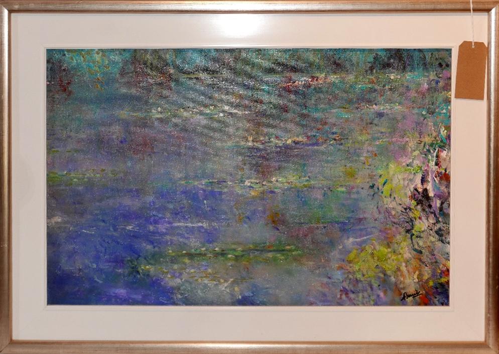 Alwin Bauer, (contemporary) large framed acrylic painting entitled, 'Water Lilies', signed bottom