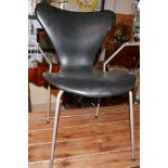 A mid century open armchair, by Fritz Hansen, with black vinyl seat (lacking arm rests), H.76cm