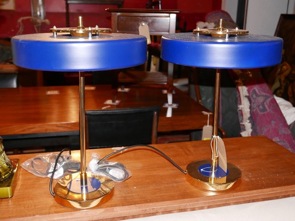 A pair of vintage style brass desk lamps, with blue metal shades, H.48cm (2)