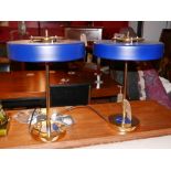 A pair of vintage style brass desk lamps, with blue metal shades, H.48cm (2)