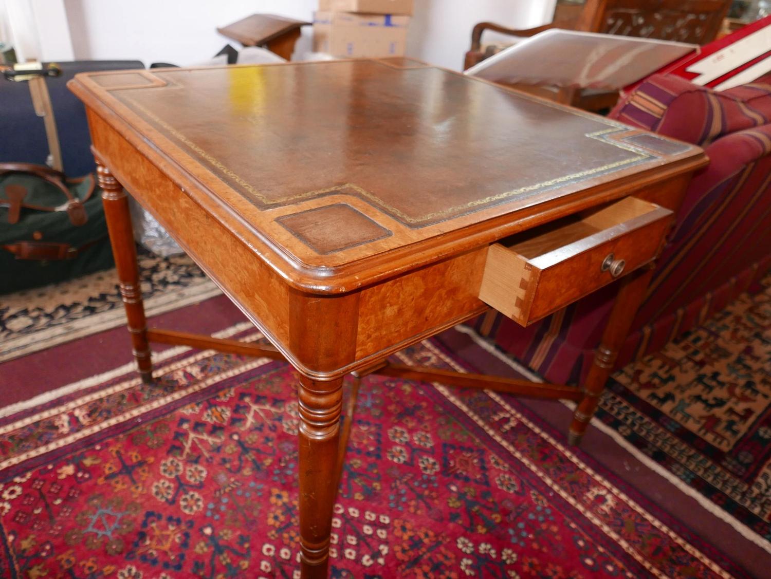 An Arthur Brett & sons walnut card table, brown leather top, two drawers one with brass makers - Image 5 of 5