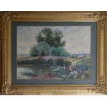 Lorna Newell, a landscape scene with a bridge over a pond with ducks, watercolour, signed lower