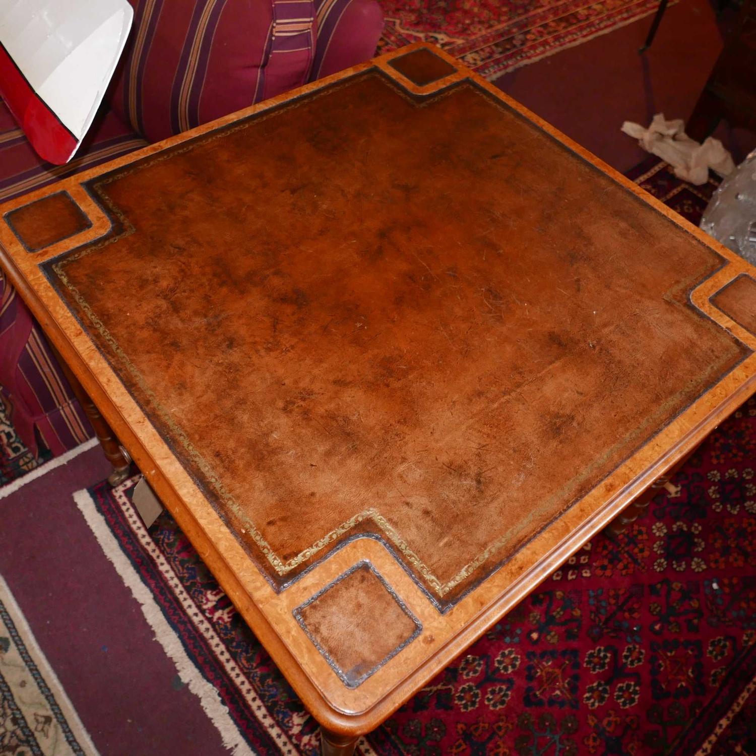 An Arthur Brett & sons walnut card table, brown leather top, two drawers one with brass makers - Image 2 of 5