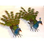 A pair of decorative garden peacocks, in vibrant colours, H.50cm L.105cm (2)