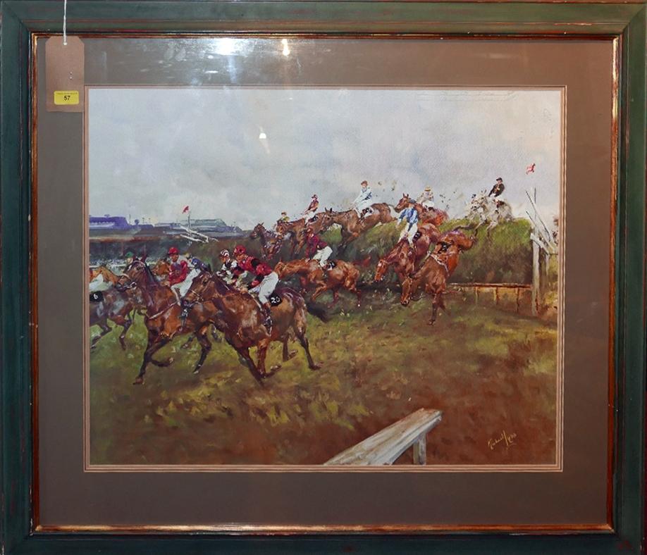 A large framed and glazed, colour print of horseracers, Aintree, indistinct signature bottom right