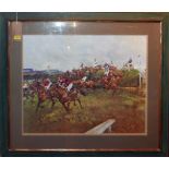 A large framed and glazed, colour print of horseracers, Aintree, indistinct signature bottom right