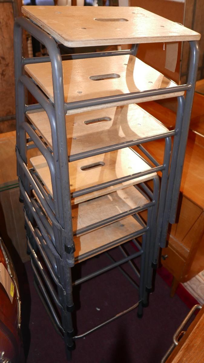 A set of six vintage stacking stools with plywood seats and metal frames, H.60cm (6)