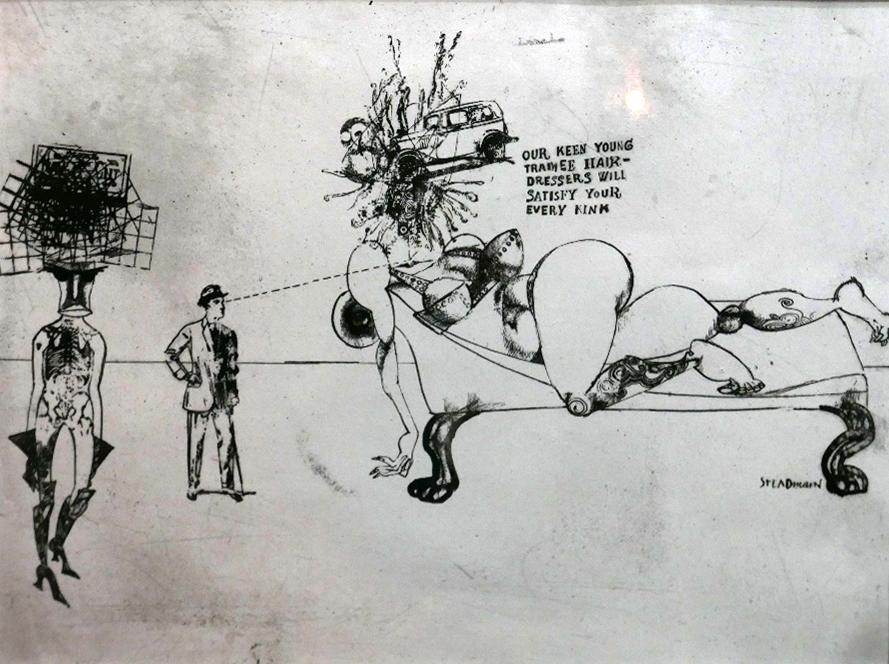 An etching of a Ralph Steadman drawing with original signed drawing of a figure on wrote paper