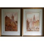 A pair of Flemish watercolours depicting street scenes, unsigned, framed and glazed, 28 x 18cm (2)