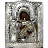 A Russian icon, the Mother of God of Korsun, tempera on wood panel, in silver and silver plated