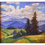 Stefan Filipkiewicz (1879-1944 Polish), oil on board landscape with fields and mountains, signed