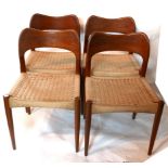 A set of four mid 20th century Danish MK craftsmanship teak dining chairs, with rush seats