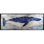 A contemporary print of a whale on perspex, in a black frame, H.43cm W.121cm