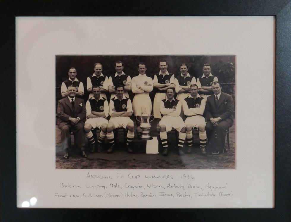 A printed team photo of Arsenal FA Cup Winners 1936, with player's names hand written to lower