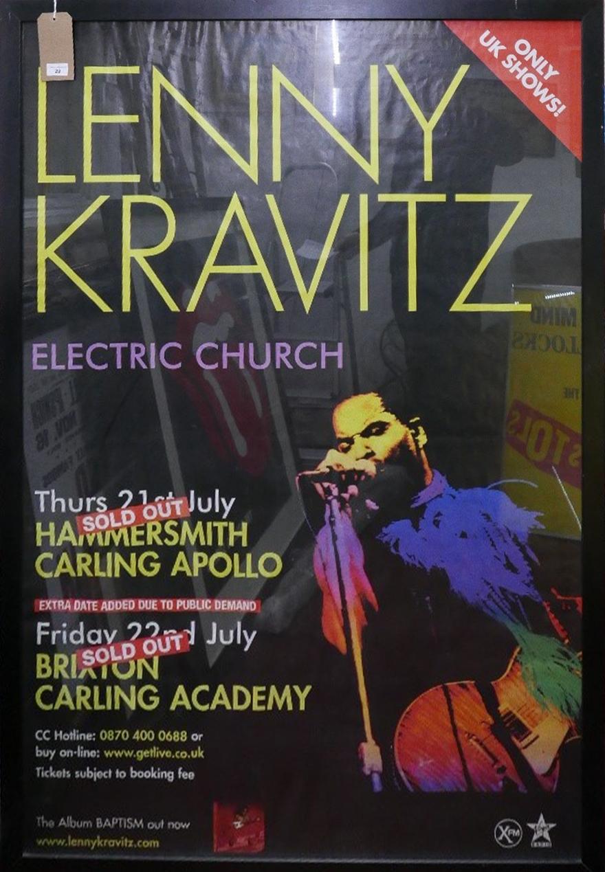 An original vintage poster for Lenny Kravitz's Electric Church Tour, framed and glazed, 147 x 98cm