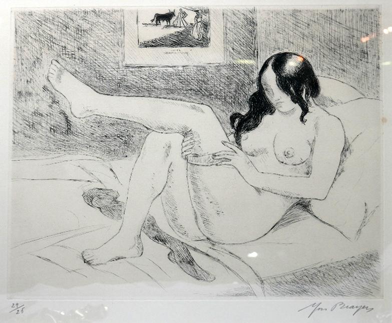 Yves Brayer (1907-1990), dry point etching of reclining nude, signed edition 24/25, 30 x 35cm