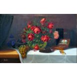 Mid 20th century Continental school, Still life study of roses, grapes, matches, cigar and
