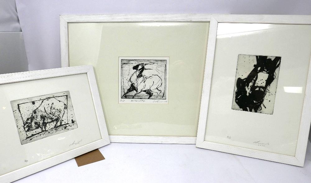 Three etchings and drypoints of animals, signed artists proofs of a mule, pig, and antelope
