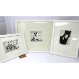 Three etchings and drypoints of animals, signed artists proofs of a mule, pig, and antelope