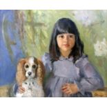 A 20th century oil on canvas depicting portrait of a girl and her dog, signed, 50 x 59cm