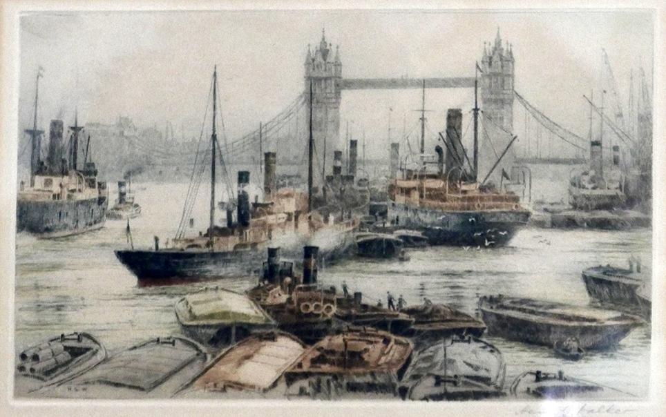 Henry G Walker, coloured etching of tower bridge, signed in pencil, 19 x 30cm